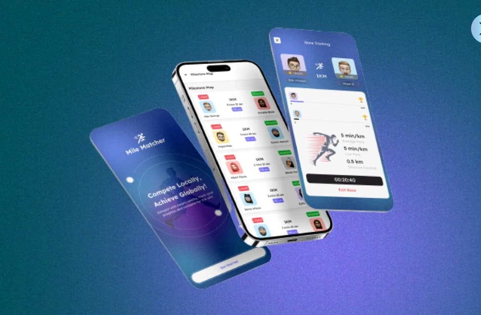 Mile Matcher competitive running app shown across three mobile screens