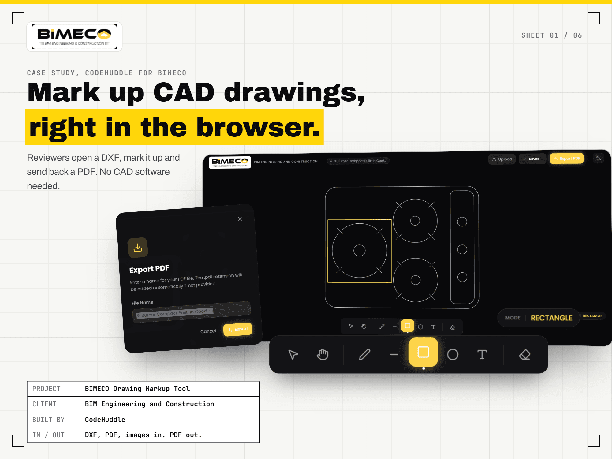 BIMECO Markup Tool CAD markup workspace overview for DXF and PDF review