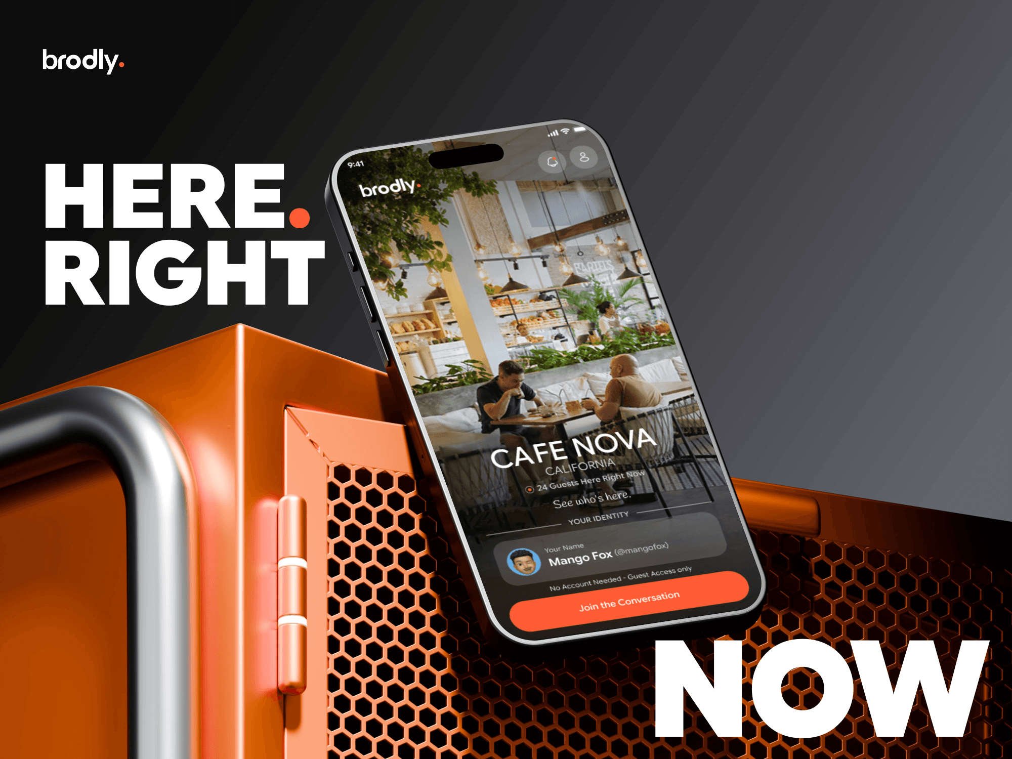Brodly guest entry screen for Cafe Nova showing live guest count and Join the Conversation CTA