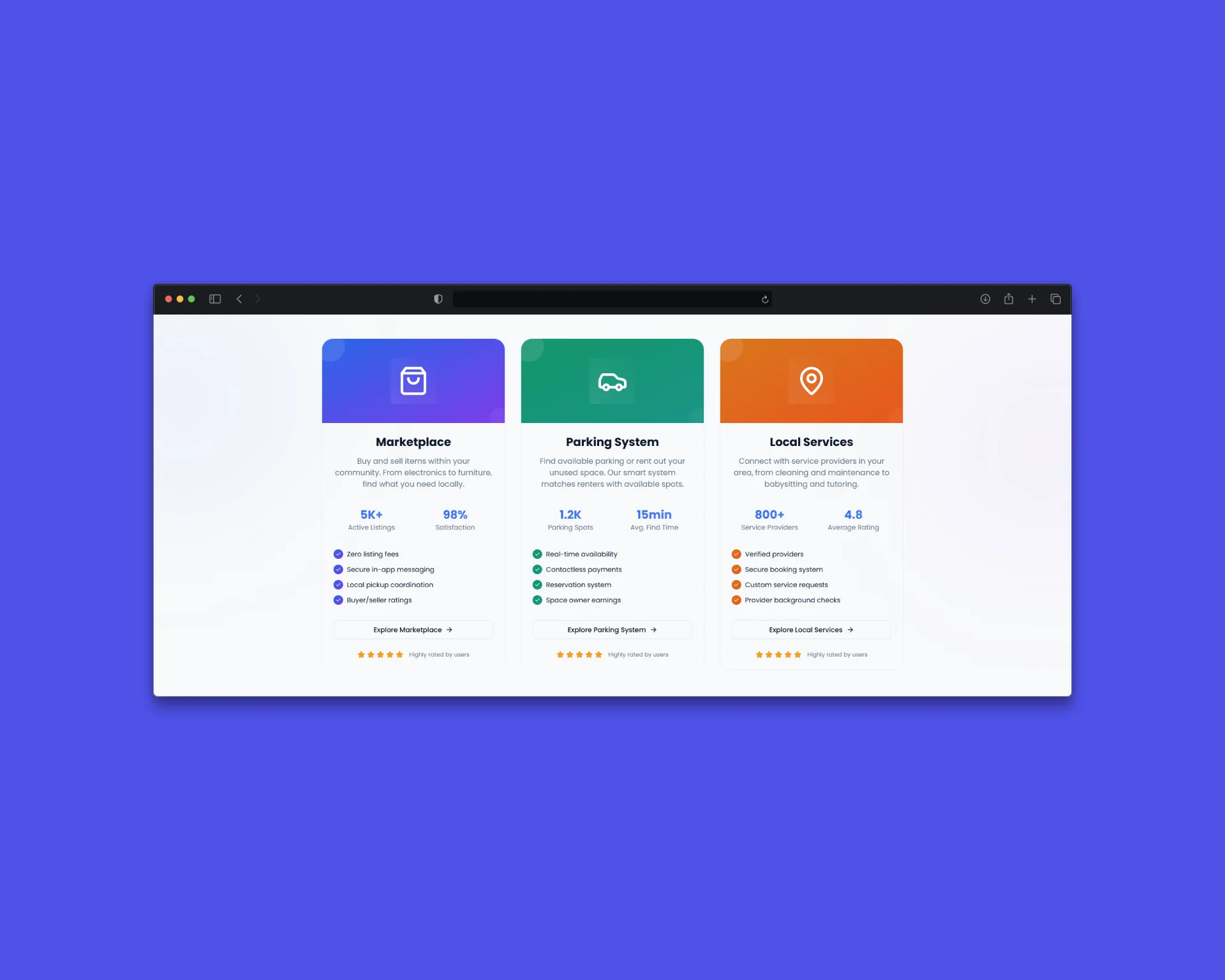 Community Platform web application showing marketplace and services
