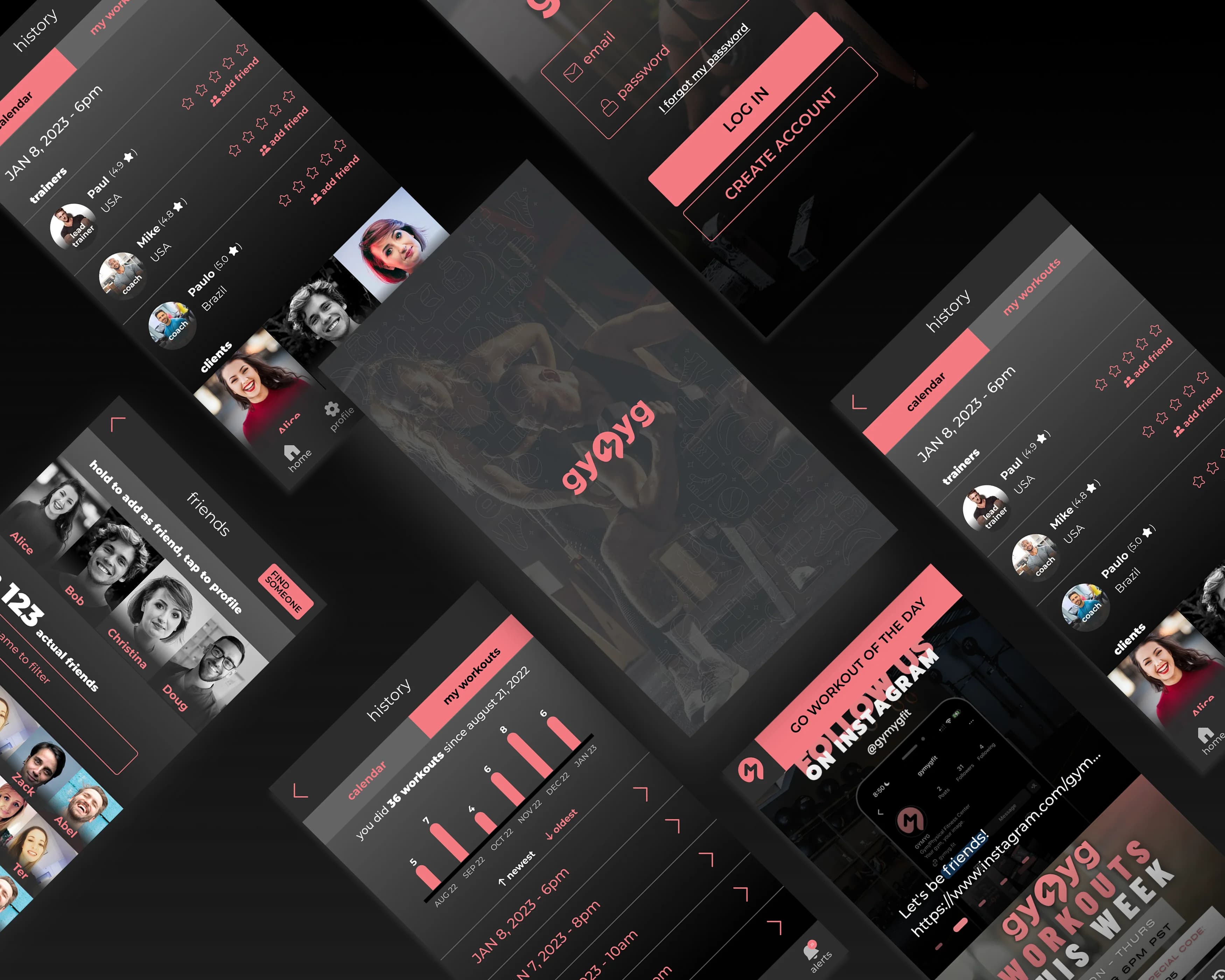 GYMYG app interface showcase with multiple device screens