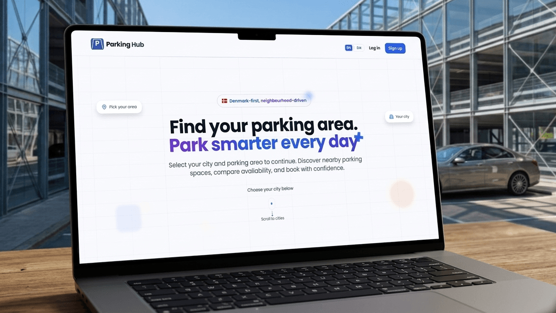 ParkingHub web platform preview on a laptop mockup