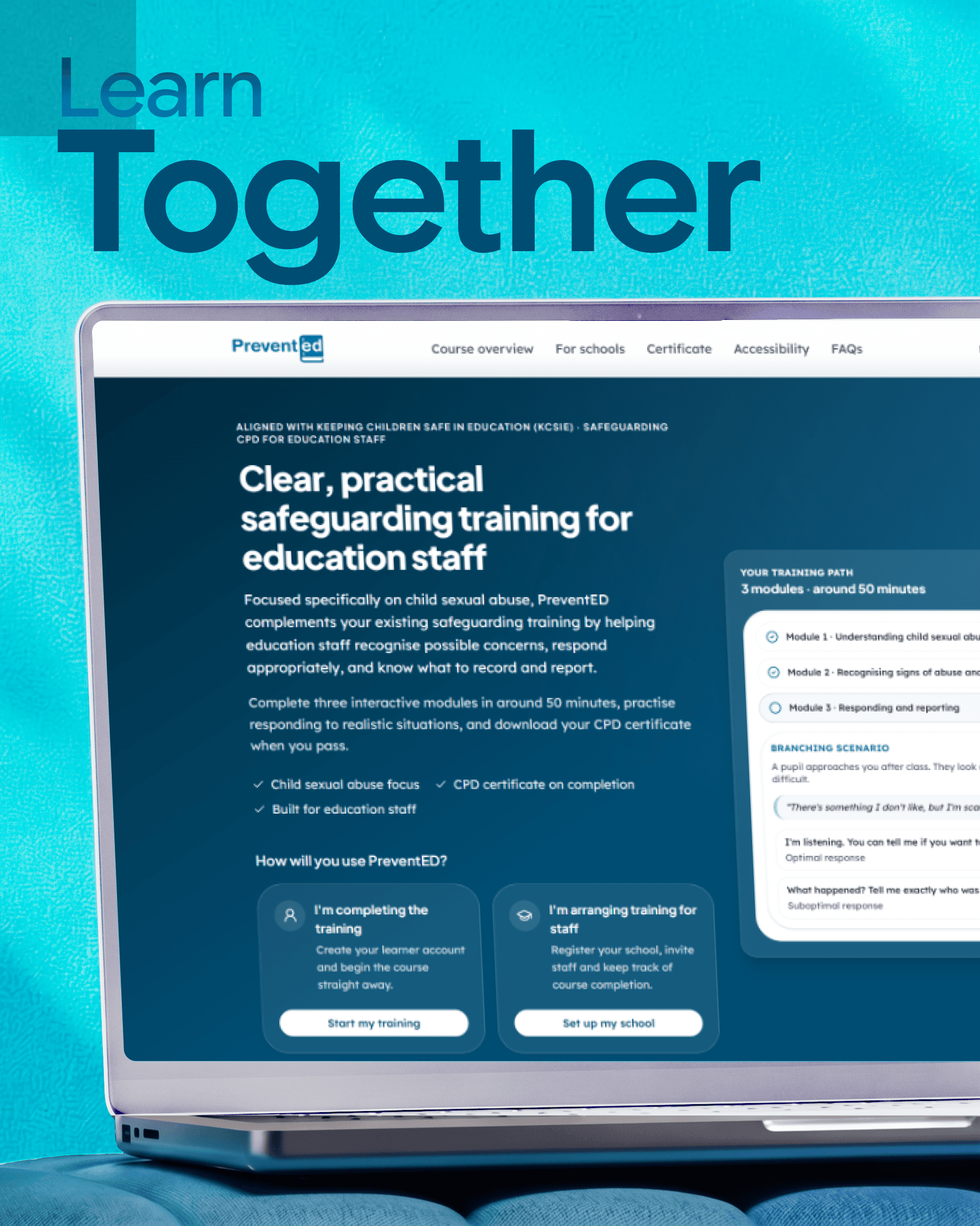 PreventED landing page on a laptop showing safeguarding training for education staff