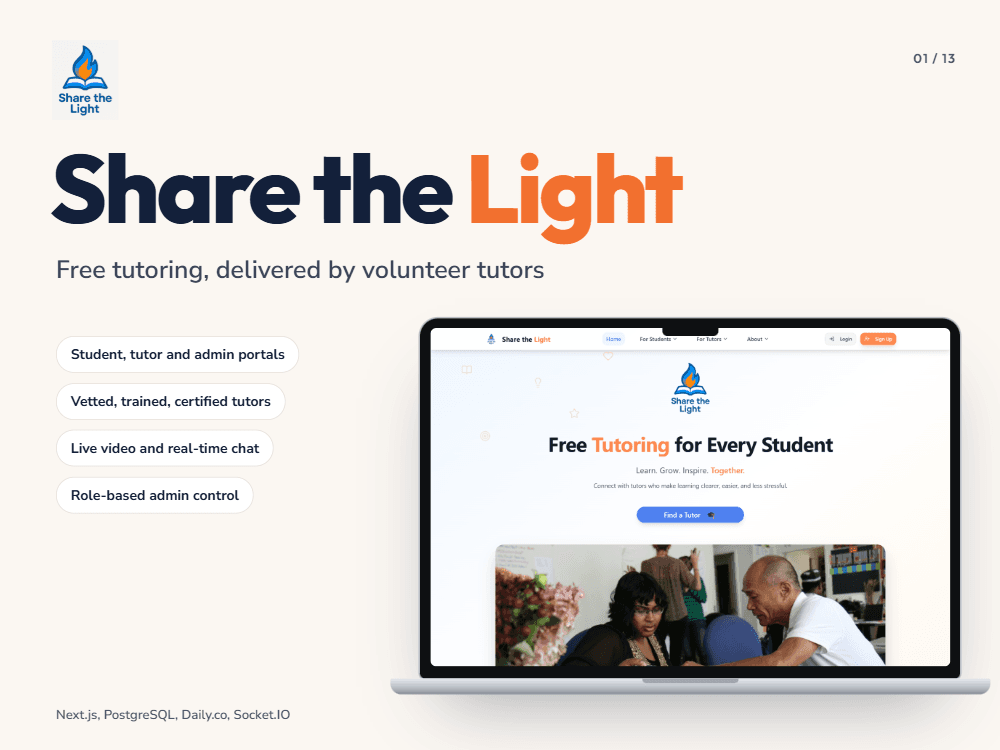 Share the Light free tutoring platform homepage mockup on a laptop