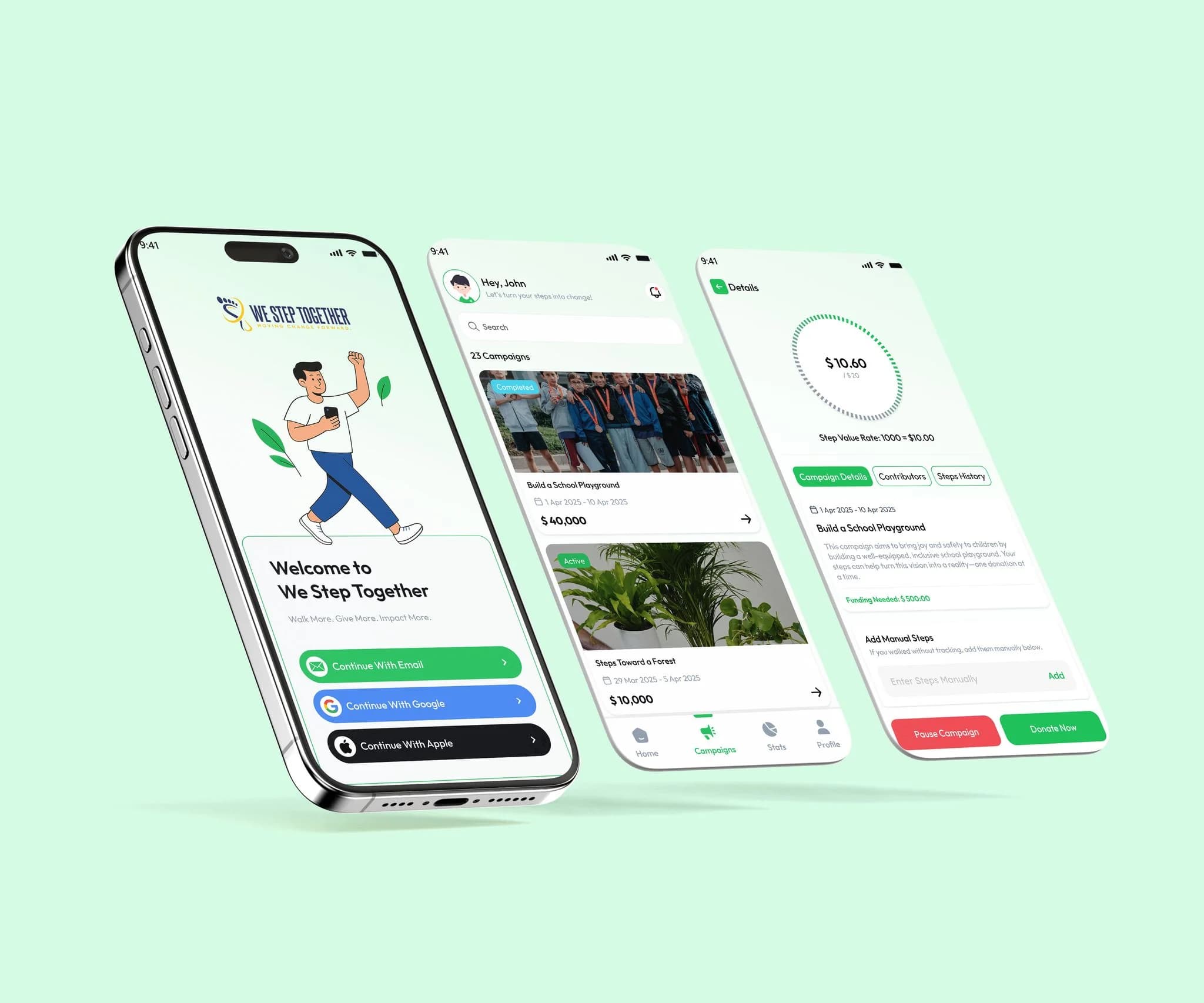 We Step Together mobile app showing step tracking and charity donations